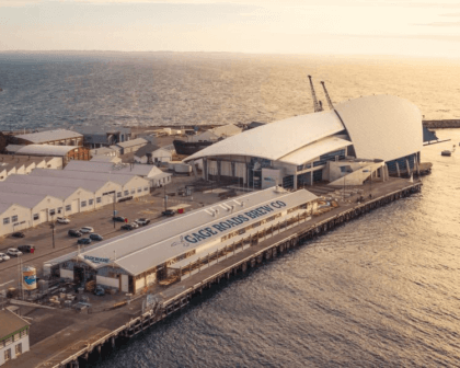 Aerial view of Gage Roads Brew Co and Fremantle waterfront at sunset.