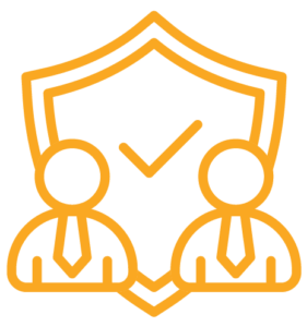 Decorative icon of two business figures with shield and tick symbol.