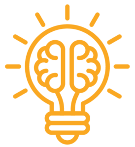 Decorative icon of a brain inside a lightbulb symbolising ideas and innovation.