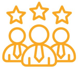 Decorative icon of three business figures with stars above their heads representing expertise and recognition.