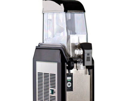 Single frozen drink machine with stainless steel base and clear container for slushie beverages.
