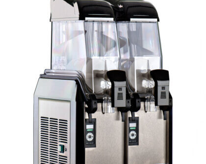 Dual frozen drink machine with stainless steel base and clear containers for slushie beverages.