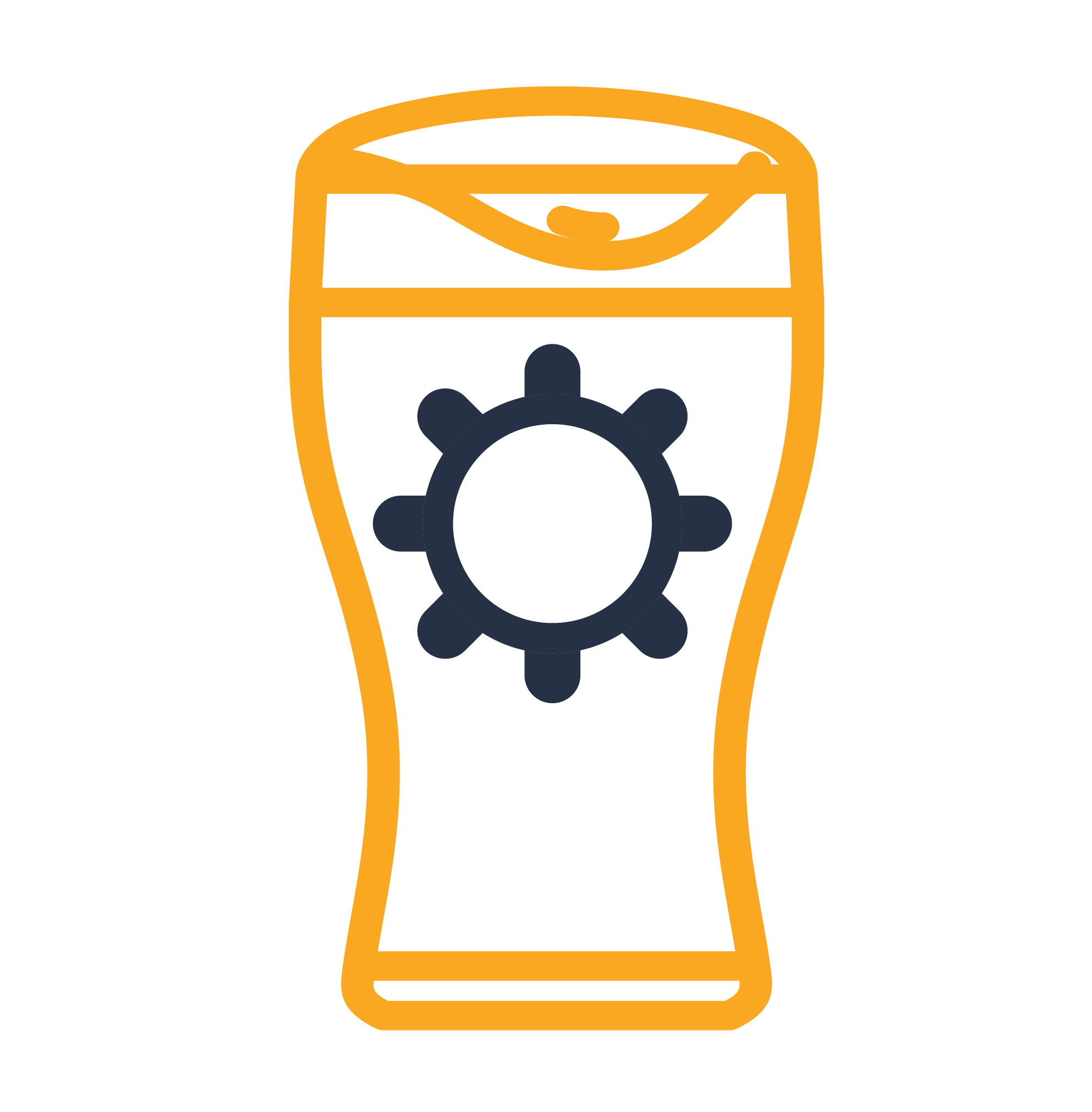 Yellow beer glass icon with a dark gear symbol in the centre.