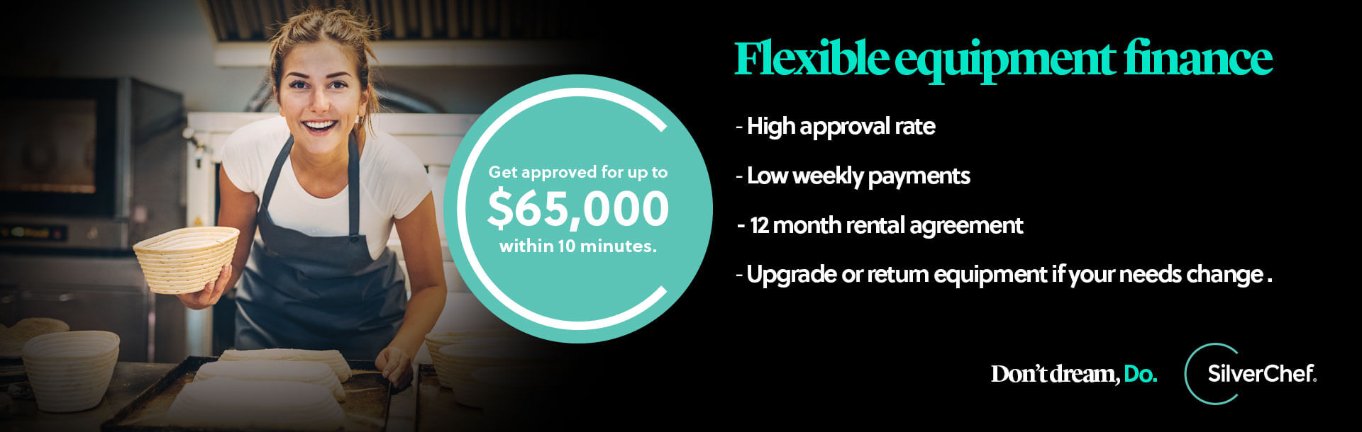 Smiling woman in apron holding proofing baskets, promoting SilverChef’s flexible equipment finance with up to $65,000 approval.